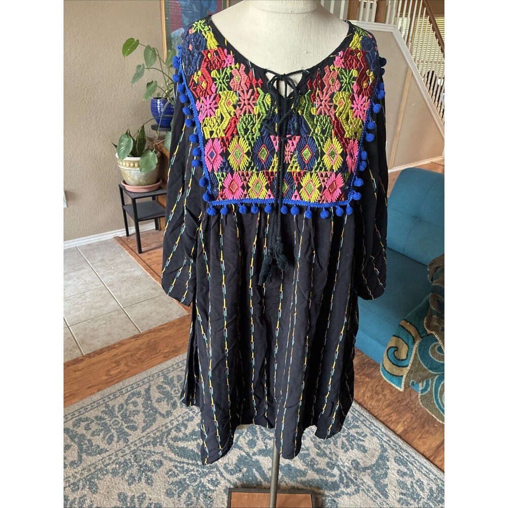 Velzera Women's Embroidered Striped Tunic Mini Dress Beach Boho 1XL Tassel